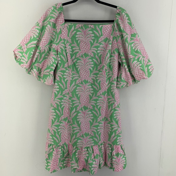 crown & ivy Dresses & Skirts - Coastal Resort Womens 14 Summer Vacation Pineapple Fruit Print Puff Sleeve Dress